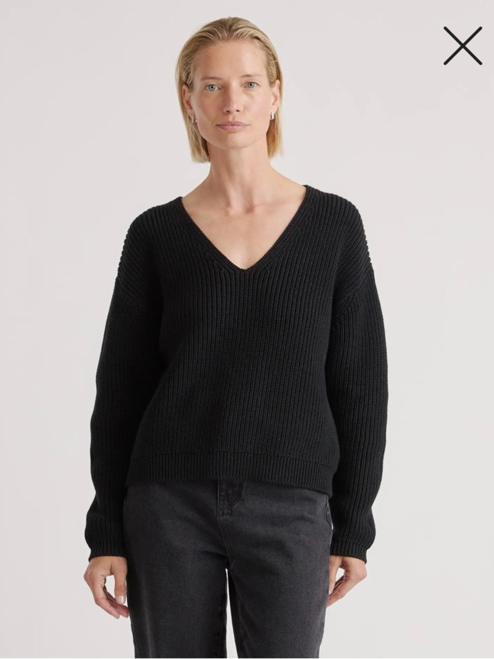 Quince 100% Organic Cotton Fisherman V-Neck Sweatee Classic Black Boxy Minimal